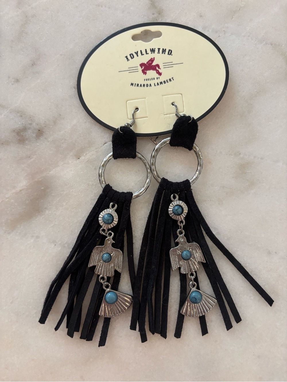 Idyllwind Black Suede Fringe Earrings with Turquoise Accents